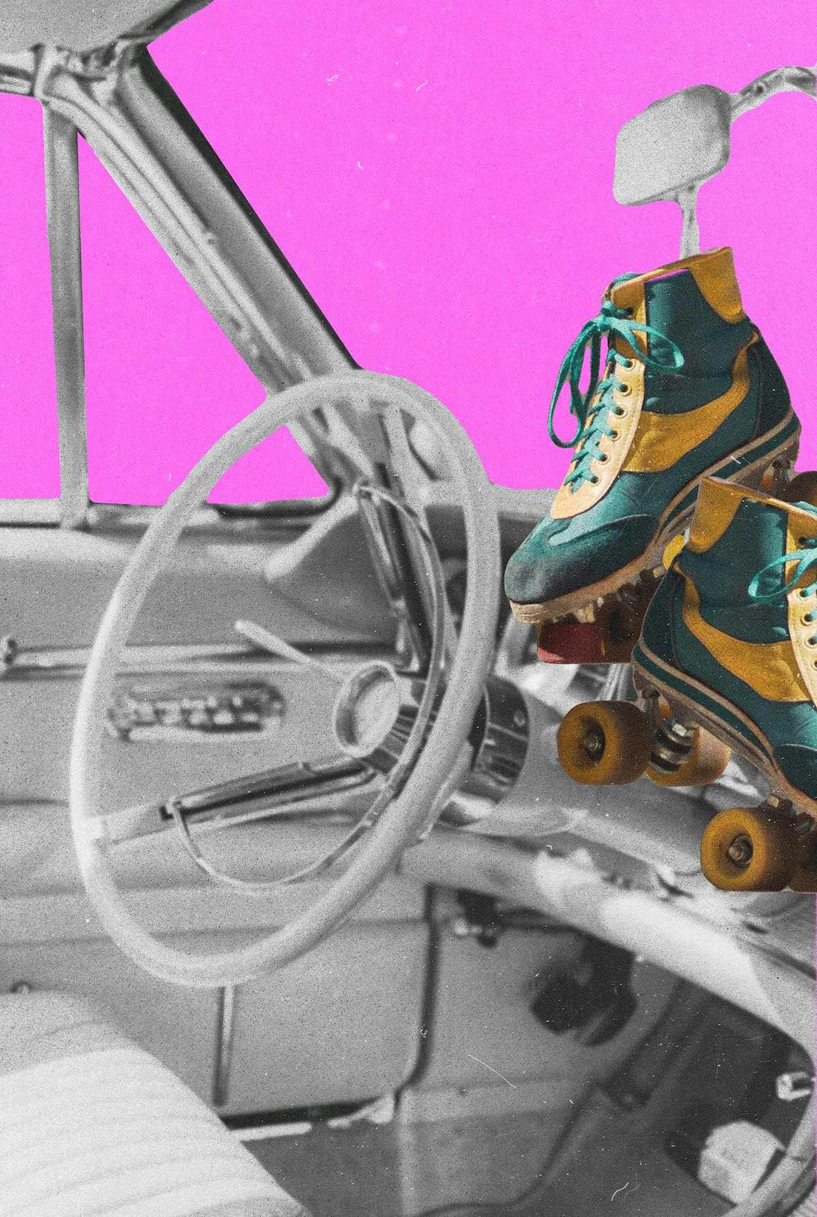 Rollerskates hanging from the rearview mirror of a car.